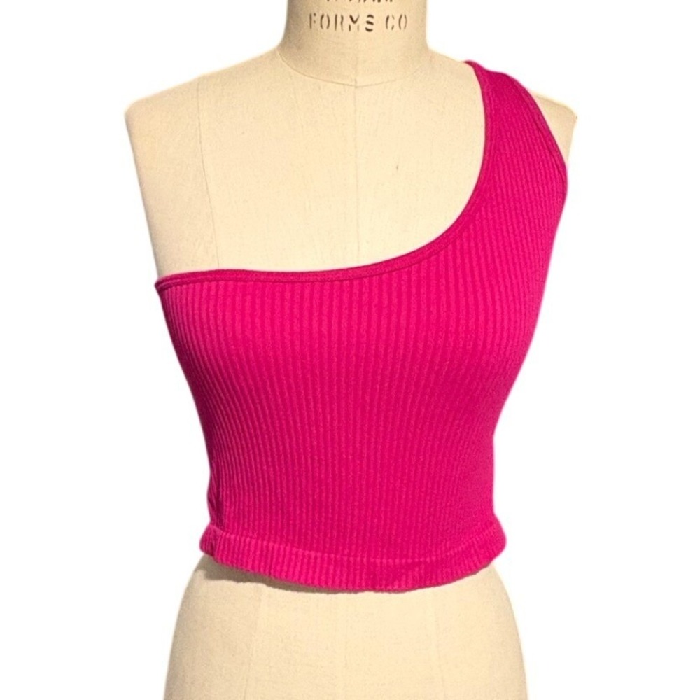 Hot Pink One Shoulder Crop Top Ribbed Stretch Summer Y2K Beach Tank Med Stretchy